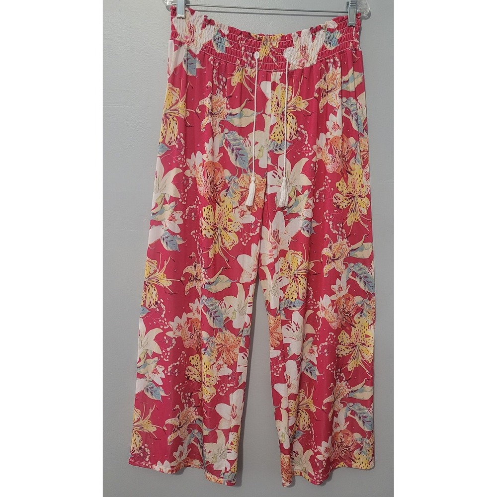 West Loop Wide Leg Pull On Pants Pink Floral XL Smocked Waist Tassel Tropical